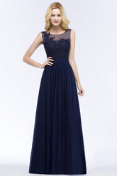 A-line Scoop Neck Bridesmaid Dress Chiffon Appliques Floor-Length Evening Maxi Gown Sleeveless